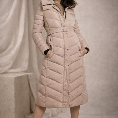 Long Belted Puffer Jacket - Beige