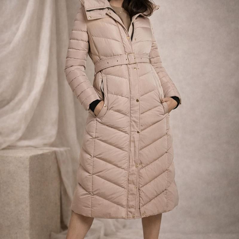 Long Belted Puffer Jacket - Beige