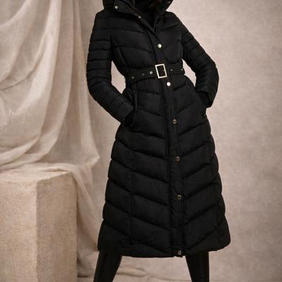 Long Belted Puffer Jacket - Black